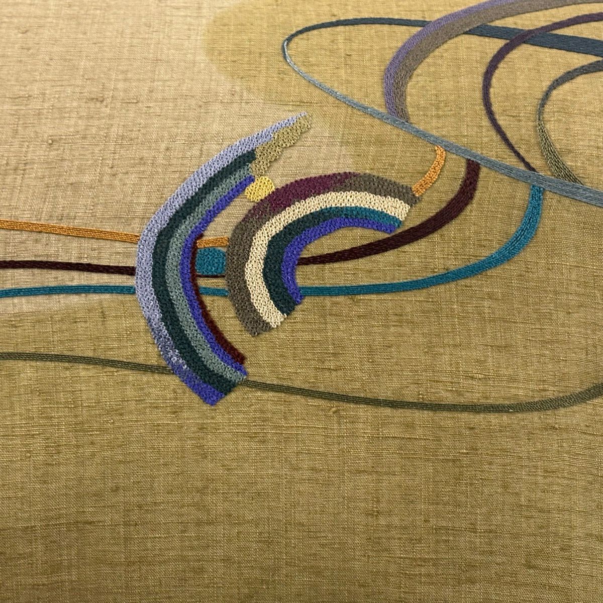 【美品】名古屋帶 秀品級 紬織織 流水 幾何圖案 刺繡 薄茶 純蠶絲