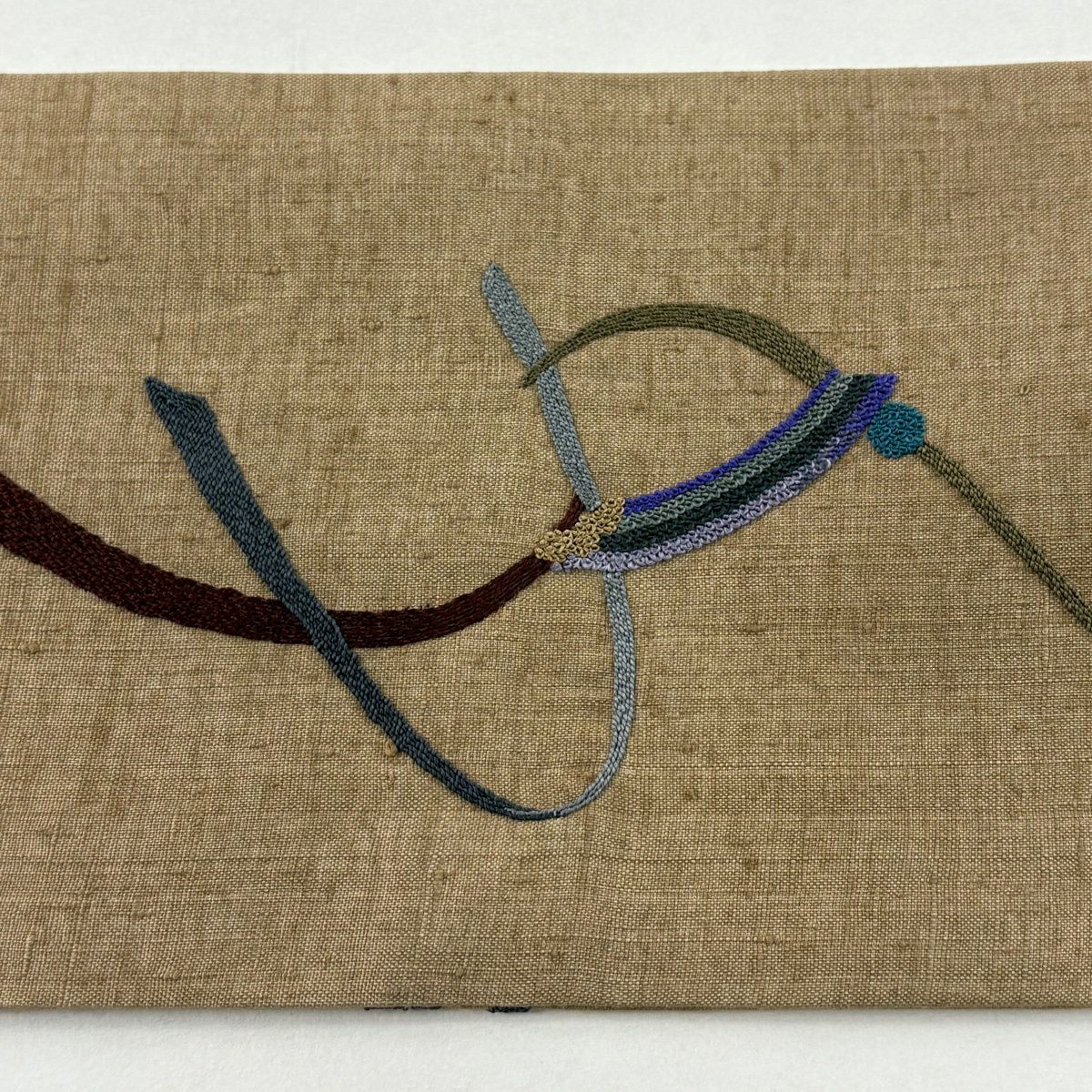 【美品】名古屋帶 秀品級 紬織織 流水 幾何圖案 刺繡 薄茶 純蠶絲