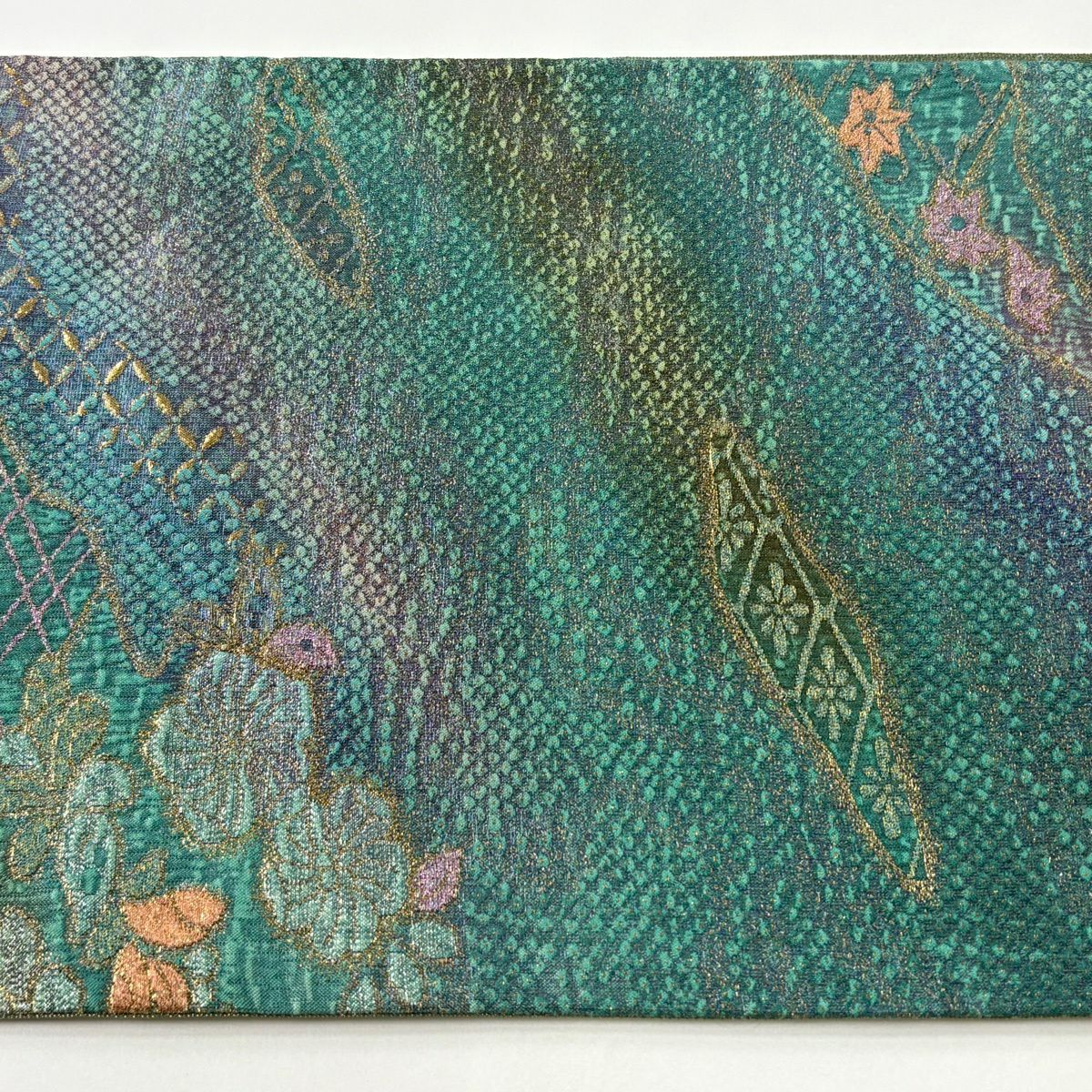 【美品】 袋帶 優品級 草花紋 幾何圖案 金通 膜 青綠 六通 純蠶絲