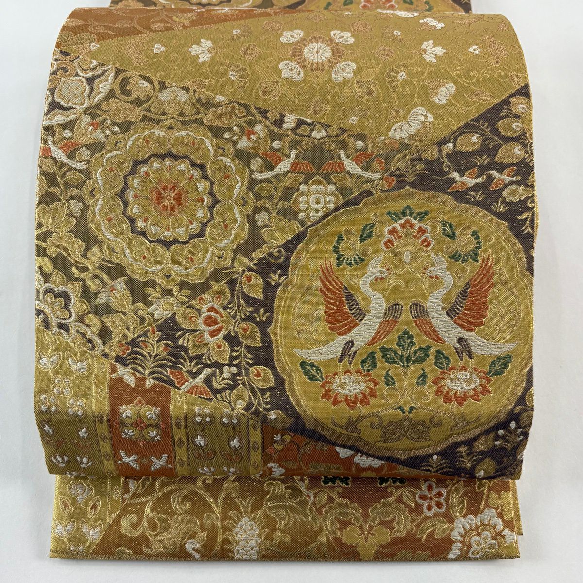 袋帶 秀品級 向鳥 華紋 金絲 金金箔 金色 六通 純蠶絲