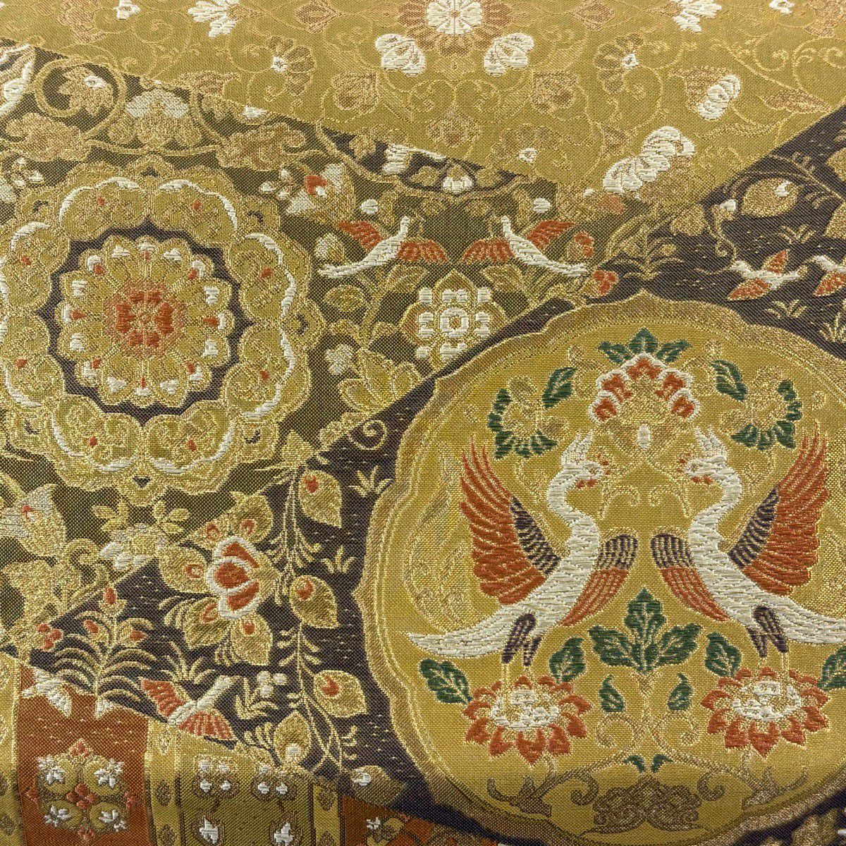 袋帶 秀品級 向鳥 華紋 金絲 金金箔 金色 六通 純蠶絲