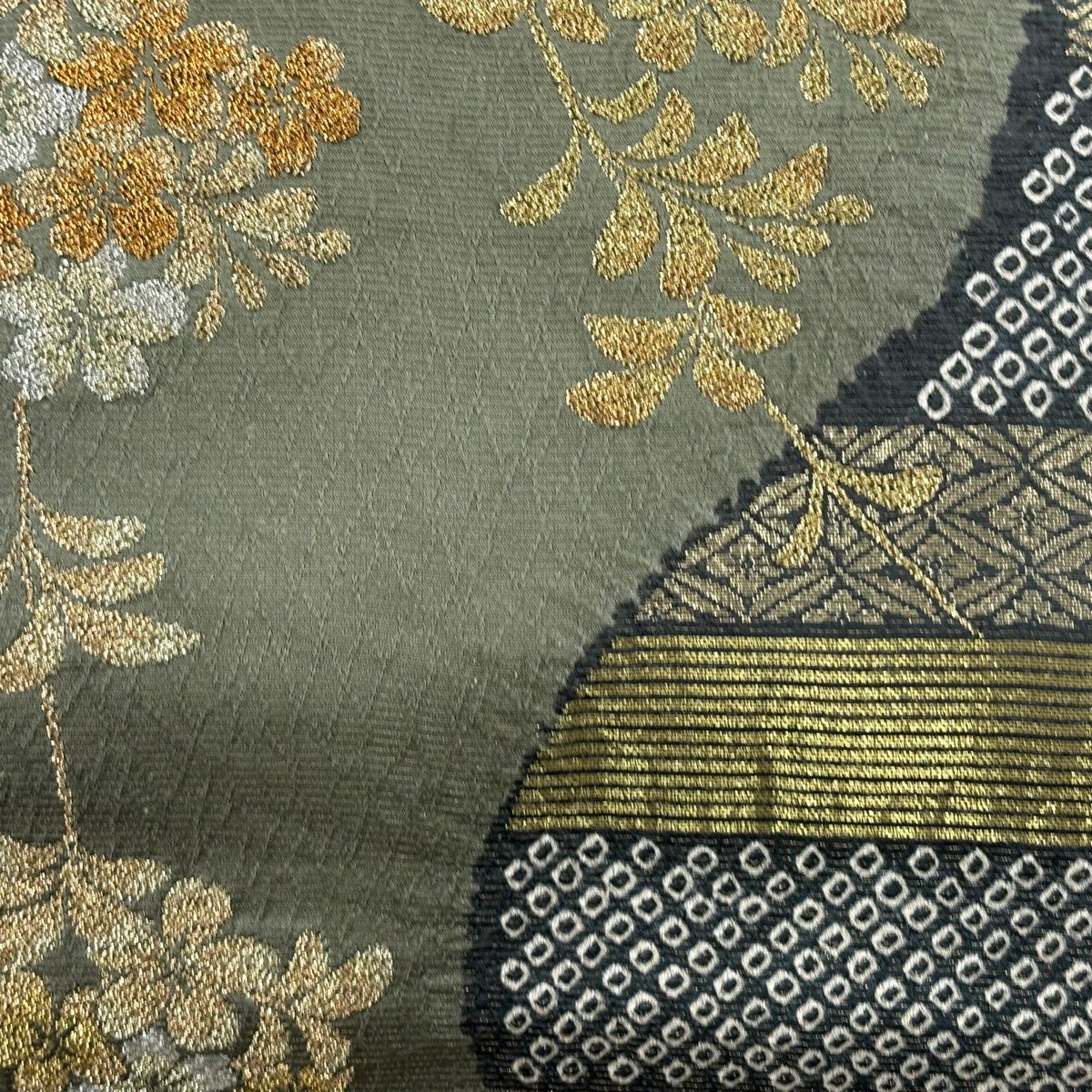【美品】 袋帶 秀品級 樱花 七寶 金銀絲 金金箔 灰綠 六通 純蠶絲