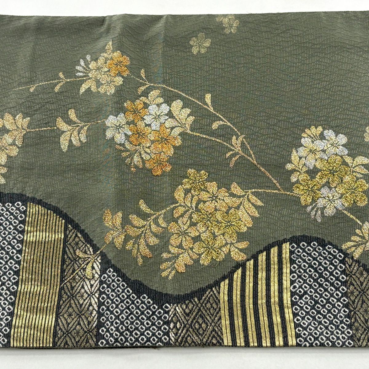 【美品】 袋帶 秀品級 樱花 七寶 金銀絲 金金箔 灰綠 六通 純蠶絲