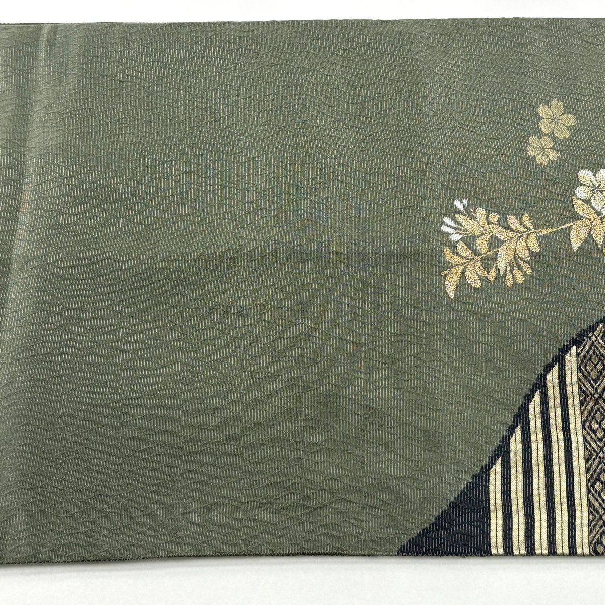 【美品】 袋帶 秀品級 樱花 七寶 金銀絲 金金箔 灰綠 六通 純蠶絲