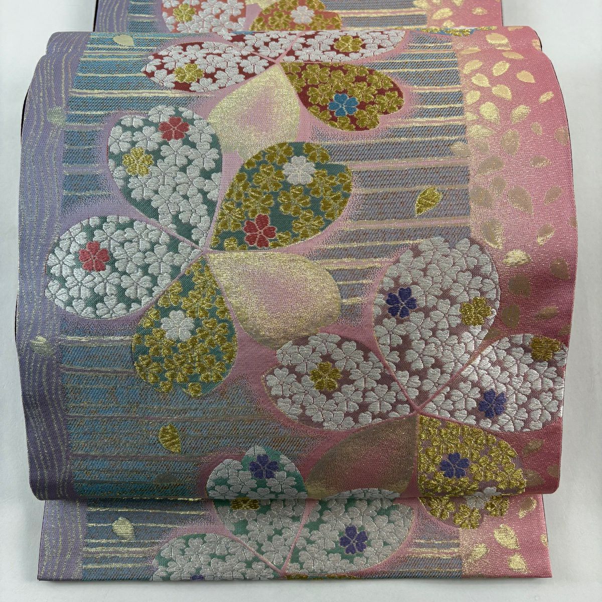 【美品】 袋帶 秀品級 櫻花獻上文 金絲 金金箔 粉色 六通 純蠶絲