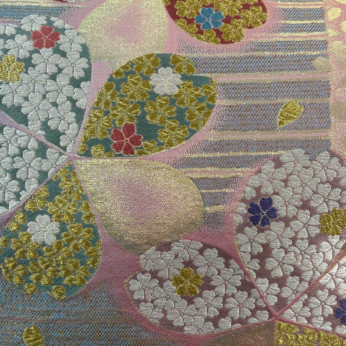 【美品】 袋帶 秀品級 櫻花獻上文 金絲 金金箔 粉色 六通 純蠶絲