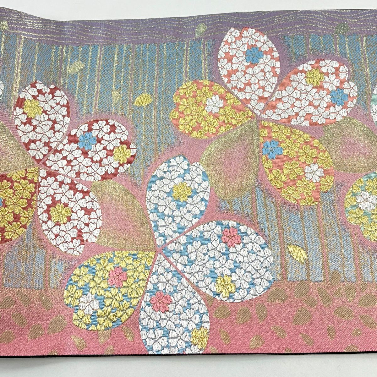 【美品】 袋帶 秀品級 櫻花獻上文 金絲 金金箔 粉色 六通 純蠶絲