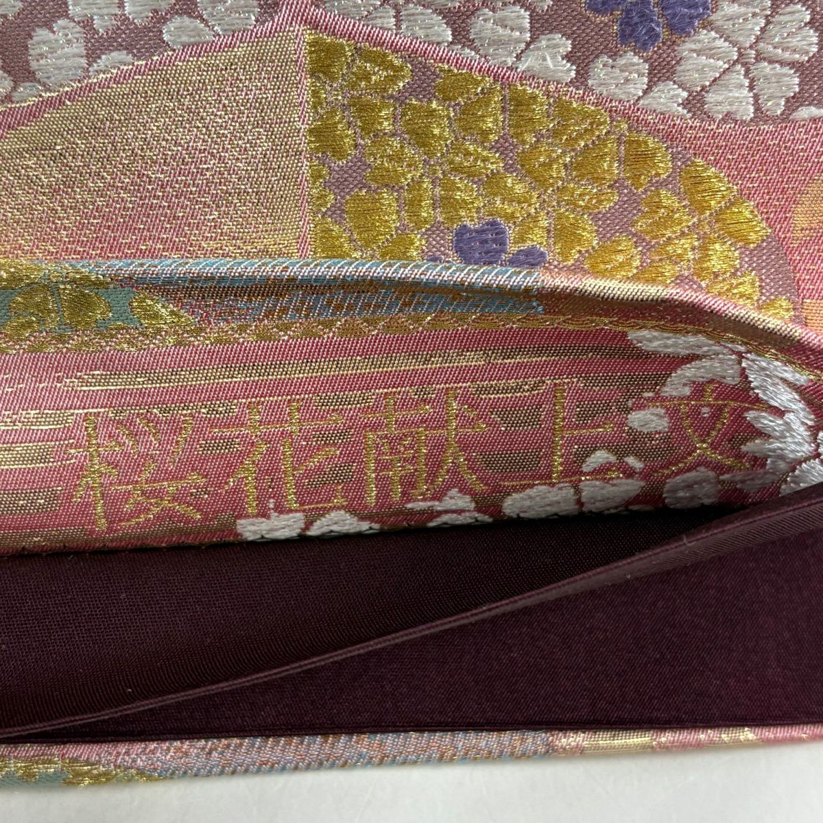 【美品】 袋帶 秀品級 櫻花獻上文 金絲 金金箔 粉色 六通 純蠶絲