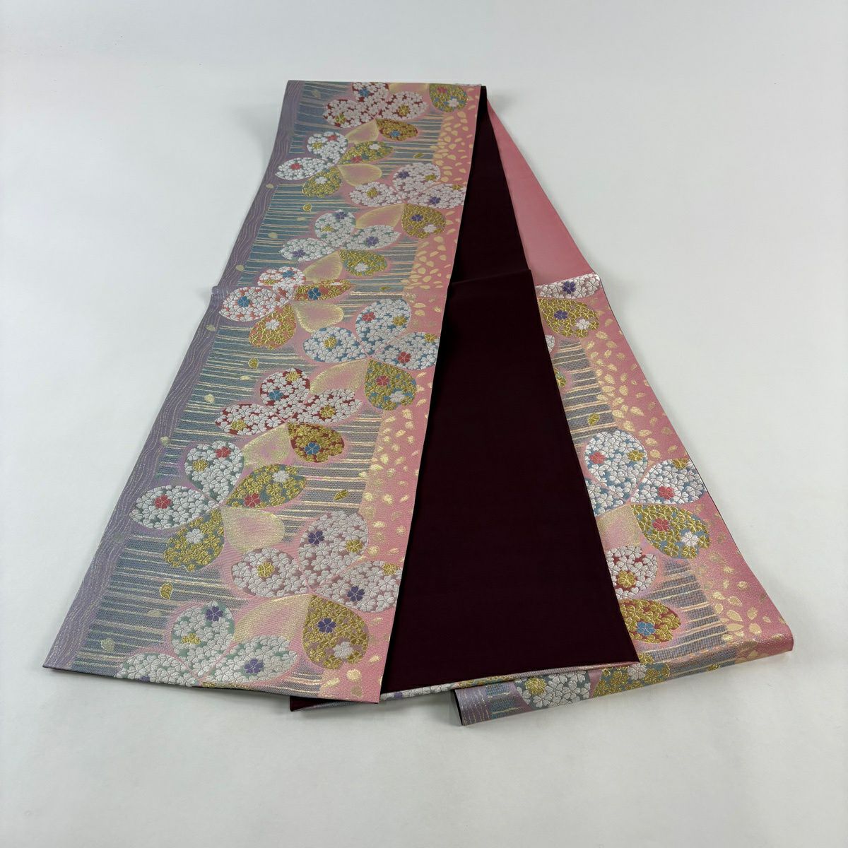 【美品】 袋帶 秀品級 櫻花獻上文 金絲 金金箔 粉色 六通 純蠶絲