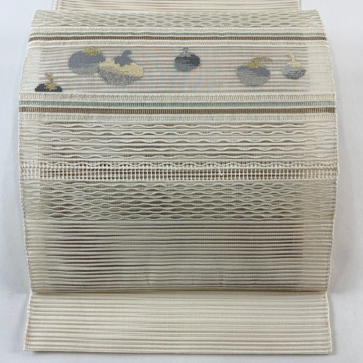 【美品】名古屋帶 秀品級 夏帶 絽 生物 縞 金銀絲 灰白 純蠶絲