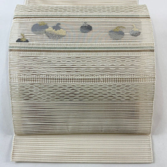 【美品】名古屋帶 秀品級 夏帶 絽 生物 縞 金銀絲 灰白 純蠶絲