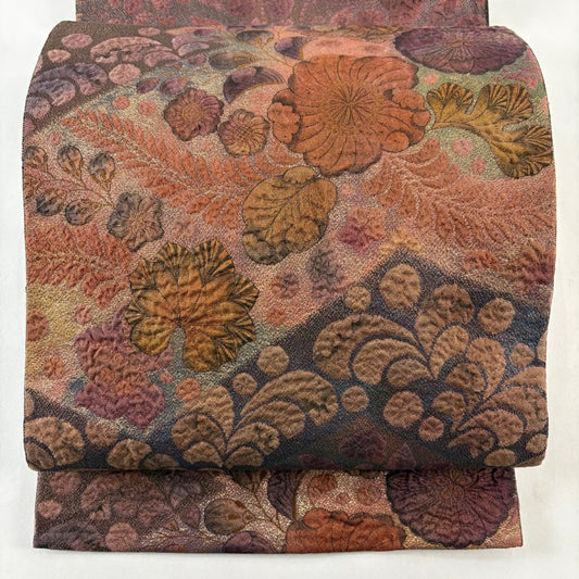 袋帶 秀品級 纐纈 辻花染 金絲 金金箔 小豆 深紅色 お太鼓圖案 純蠶絲
