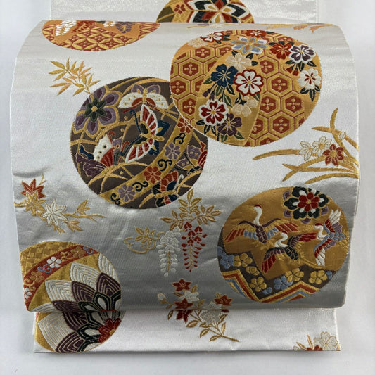 袋帶 秀品級 圓文 花鳥 刺繡 金絲 銀 六通 純蠶絲