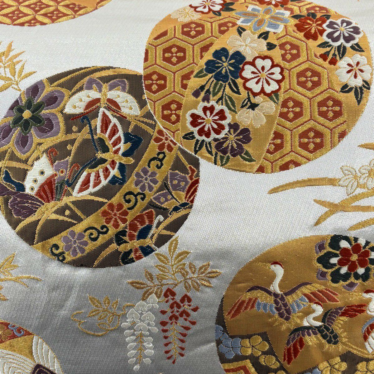袋帶 秀品級 圓文 花鳥 刺繡 金絲 銀 六通 純蠶絲