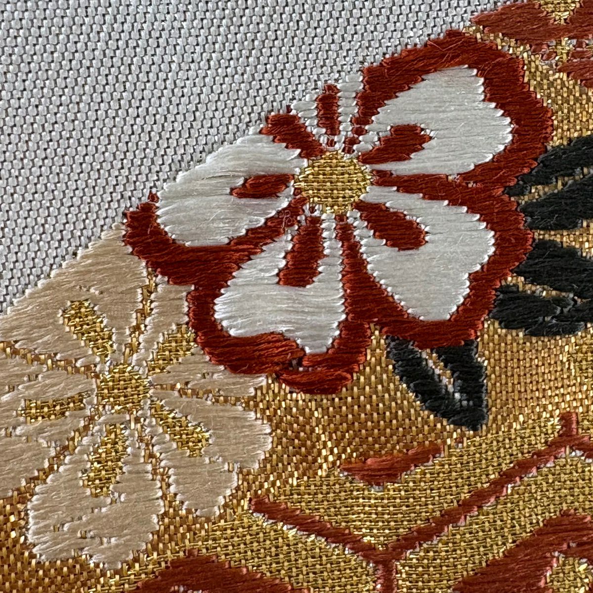 袋帶 秀品級 圓文 花鳥 刺繡 金絲 銀 六通 純蠶絲