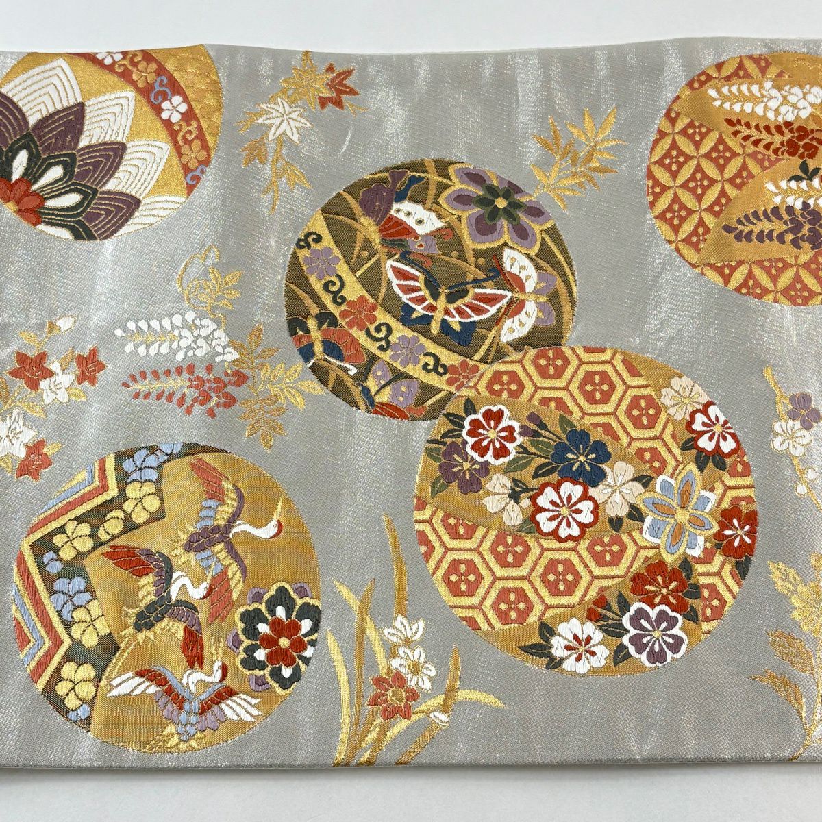 袋帶 秀品級 圓文 花鳥 刺繡 金絲 銀 六通 純蠶絲