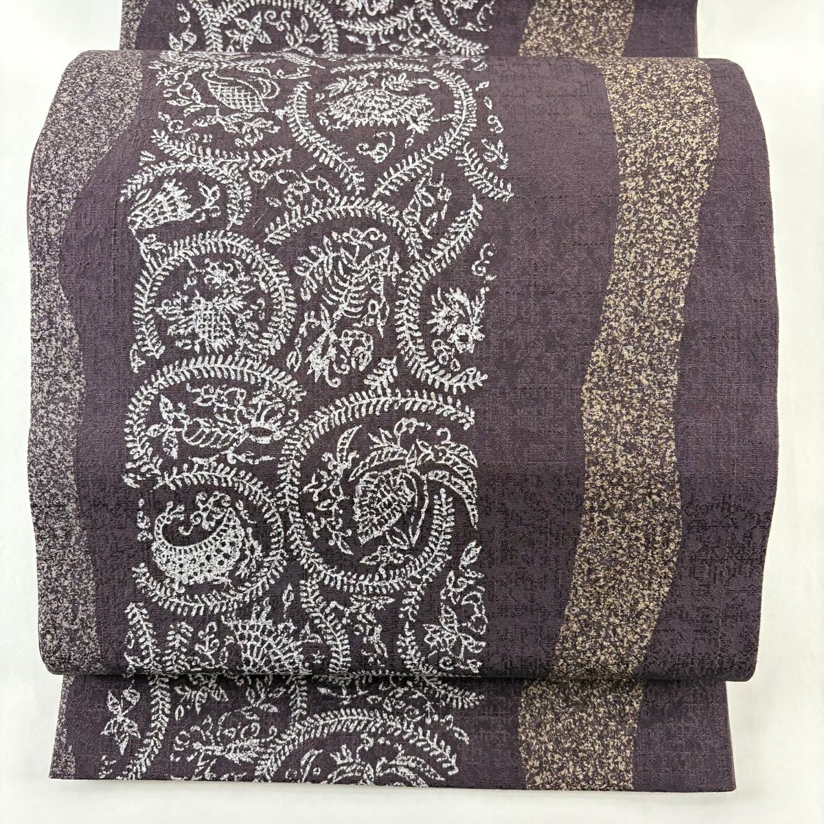 【美品】 袋帶 秀品級 鳥 草花紋 濃紫 全通 純蠶絲