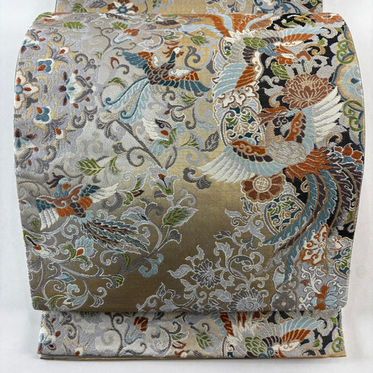 袋帶 秀品級 正倉鳳華紋 草花紋刺繡 金銀彩 灰 深藍 六通 純蠶絲