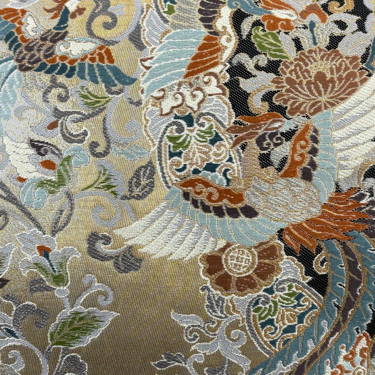袋帶 秀品級 正倉鳳華紋 草花紋刺繡 金銀彩 灰 深藍 六通 純蠶絲