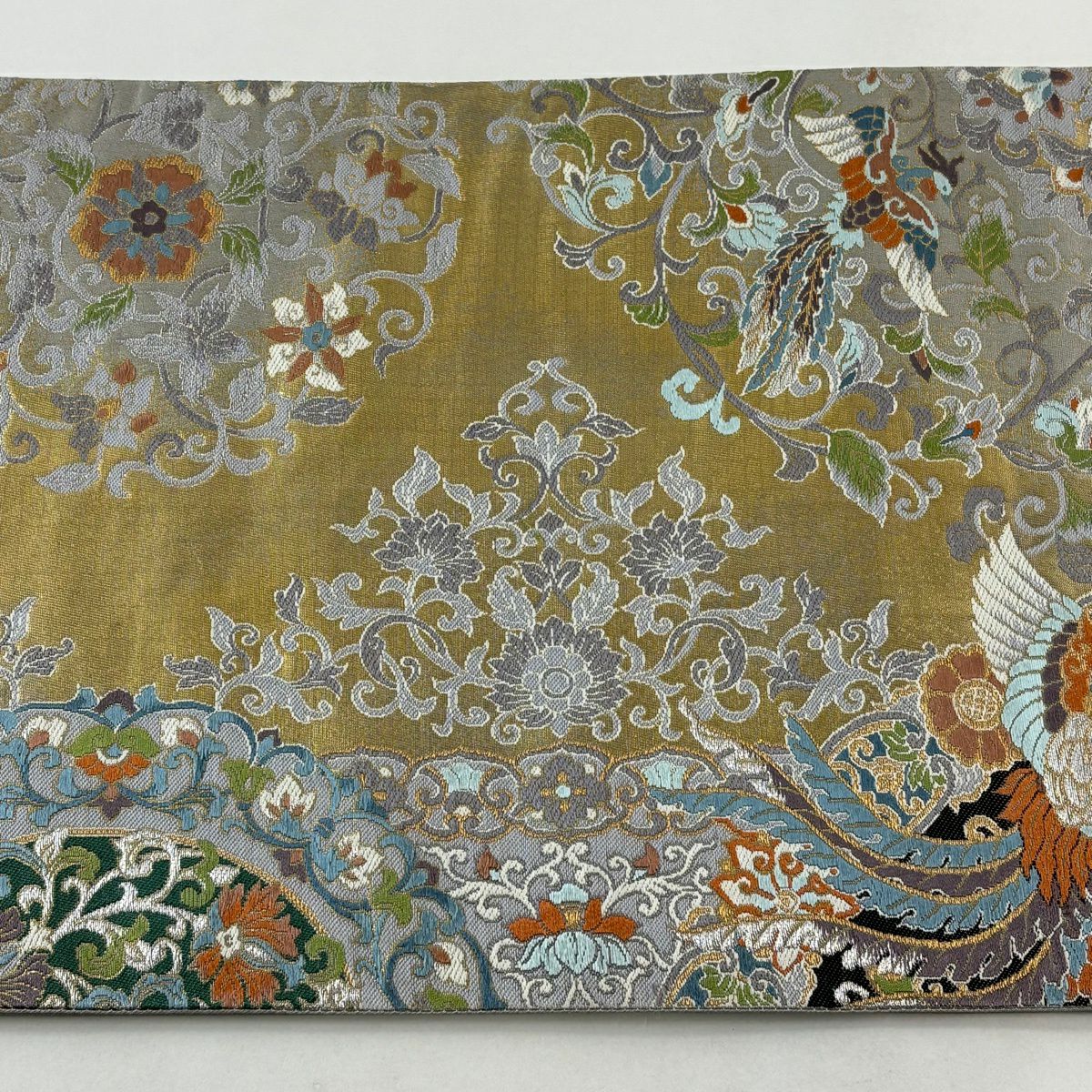 袋帶 秀品級 正倉鳳華紋 草花紋刺繡 金銀彩 灰 深藍 六通 純蠶絲