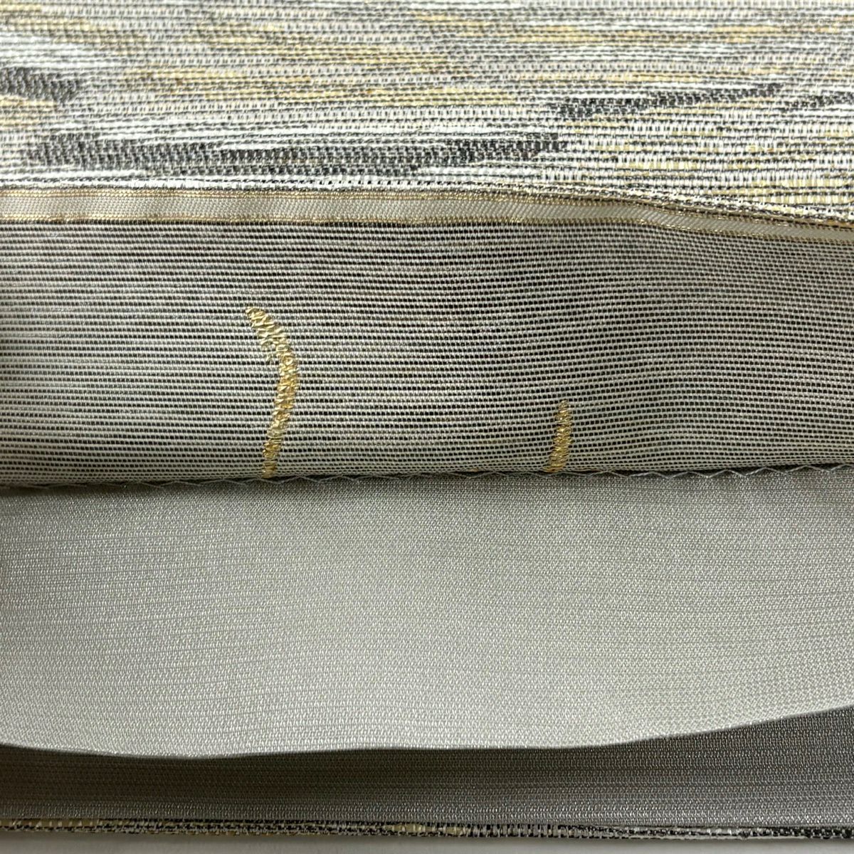 【美品】 袋帶 秀品級 斜格子 幾何圖案 金金箔 灰色 六通 純蠶絲