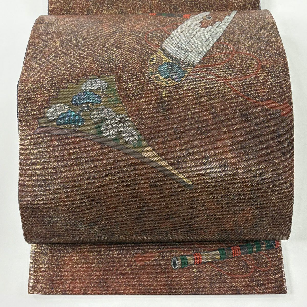 【美品】 袋帶 秀品級 樂器 扇子 螺鈿金金箔 紅茶 お太鼓圖案 純蠶絲