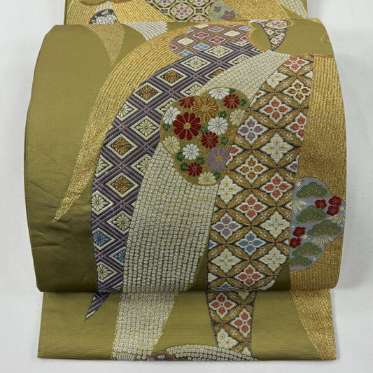 袋帶 秀品級 草花紋紋 七寶紋 刺繡 金線 鶯色 六通 純蠶絲
