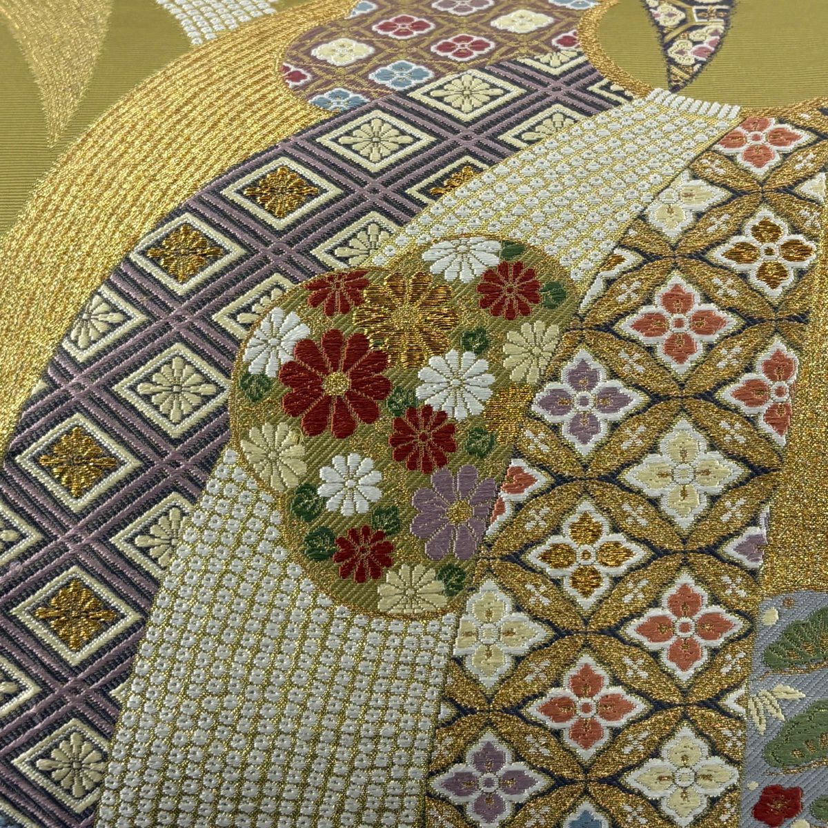 袋帶 秀品級 草花紋紋 七寶紋 刺繡 金線 鶯色 六通 純蠶絲