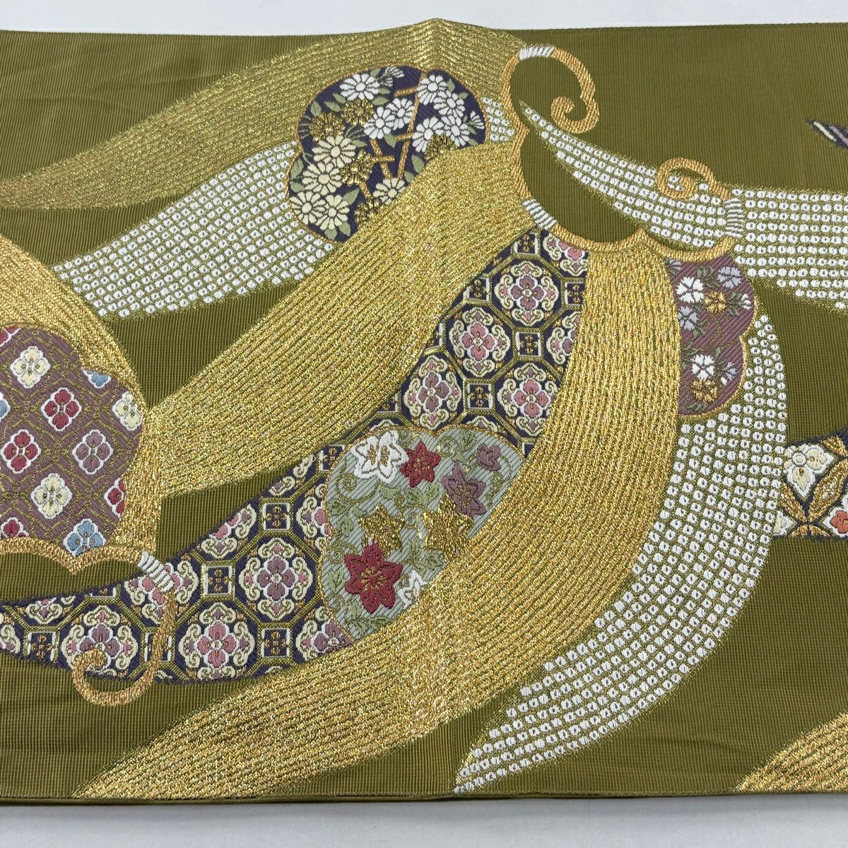 袋帶 秀品級 草花紋紋 七寶紋 刺繡 金線 鶯色 六通 純蠶絲