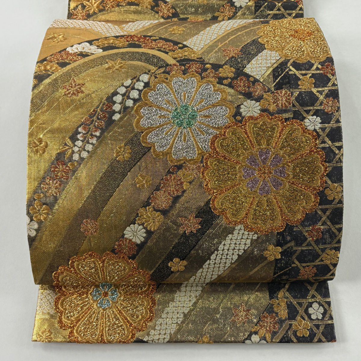 【美品】 袋帶 秀品級 花 波 金絲 金金箔 金色 六通 純蠶絲