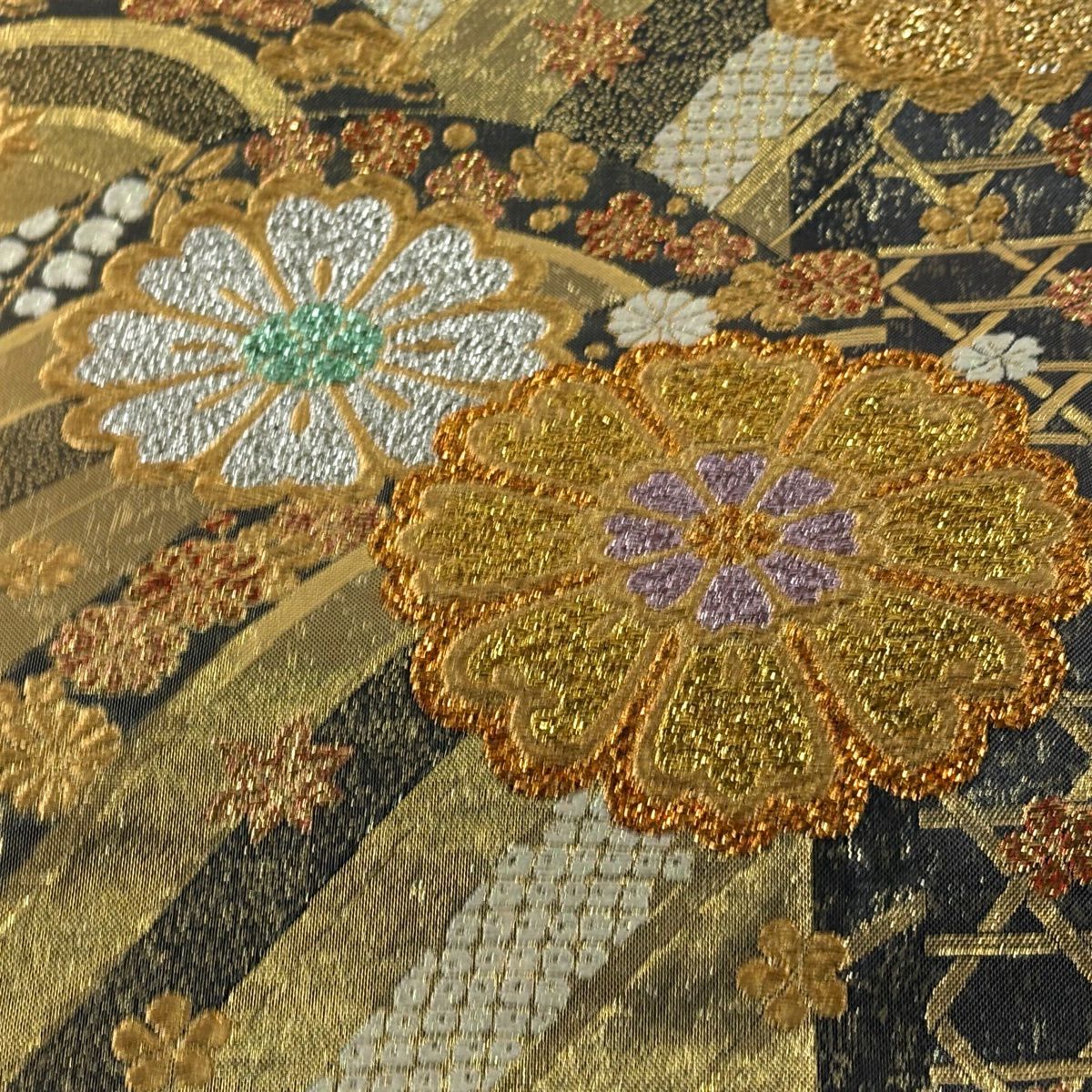 【美品】 袋帶 秀品級 花 波 金絲 金金箔 金色 六通 純蠶絲