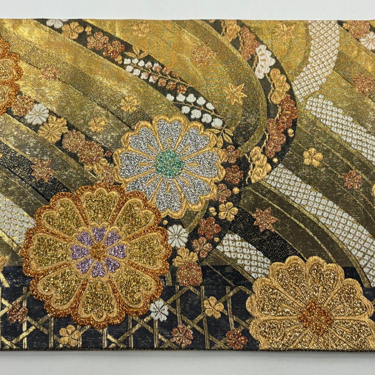 【美品】 袋帶 秀品級 花 波 金絲 金金箔 金色 六通 純蠶絲