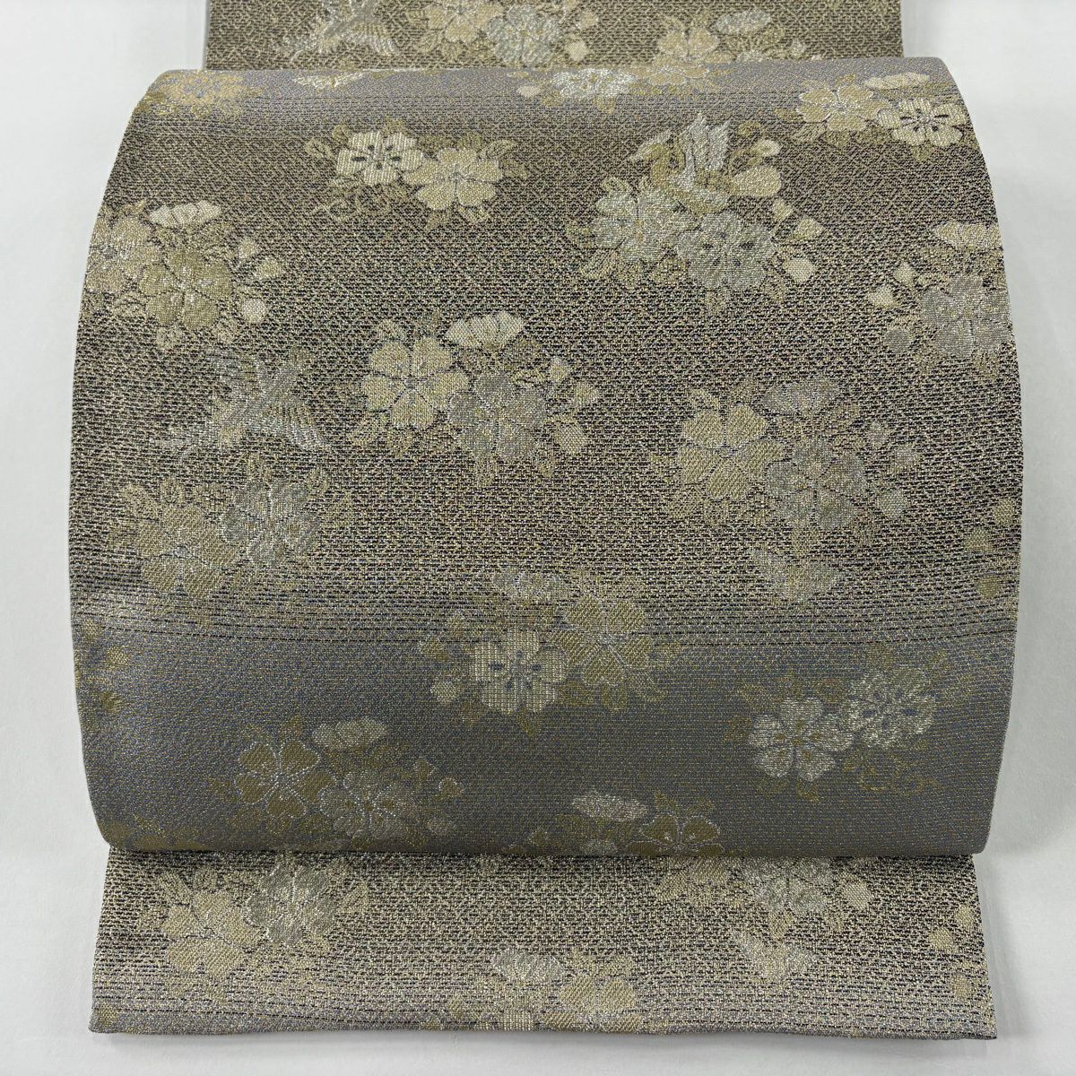 【美品】 袋帶 秀品級 樱花 鸟 金银线 黑灰 六通 純蠶絲
