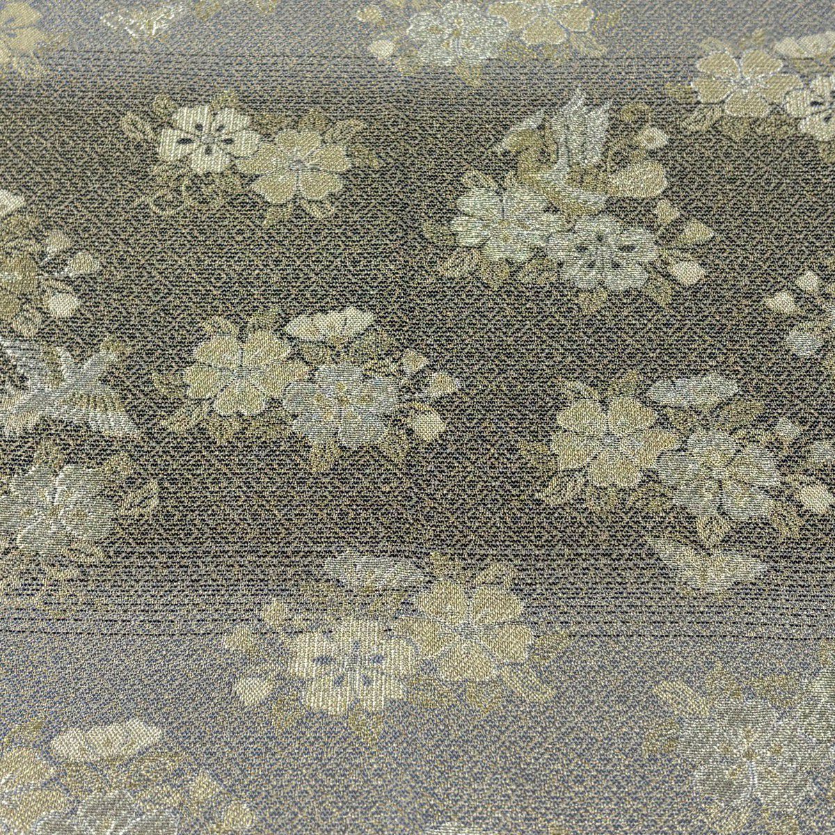 【美品】 袋帶 秀品級 樱花 鸟 金银线 黑灰 六通 純蠶絲