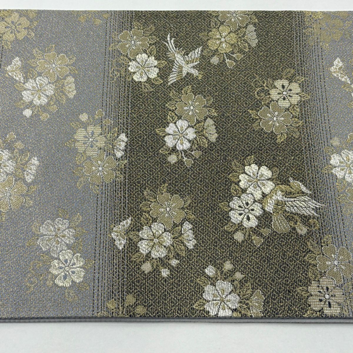 【美品】 袋帶 秀品級 樱花 鸟 金银线 黑灰 六通 純蠶絲