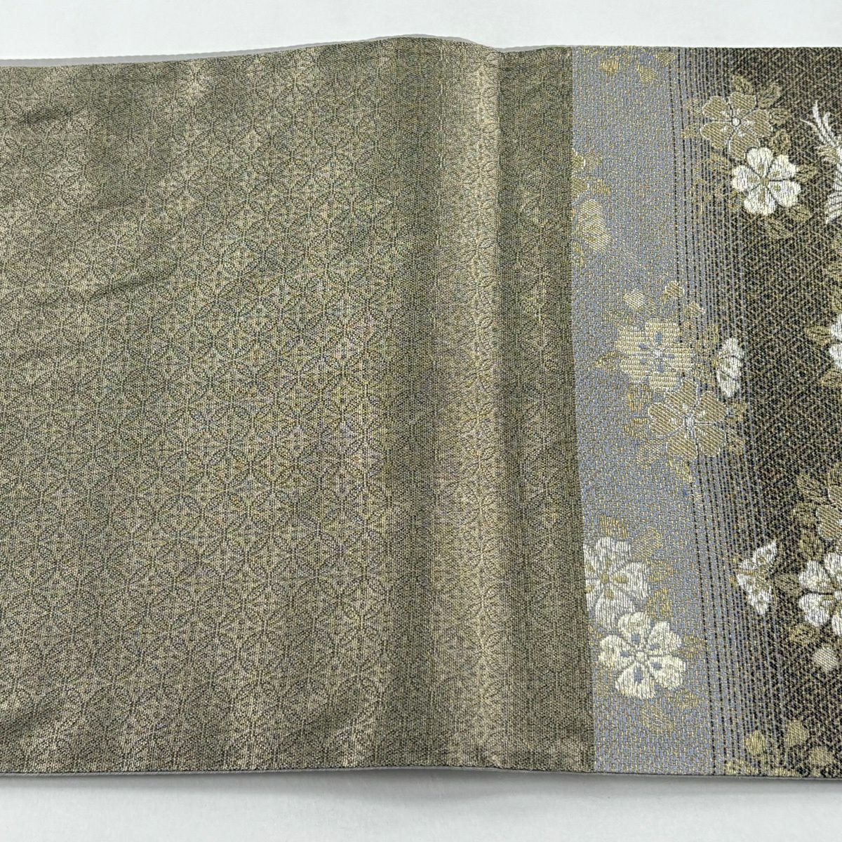 【美品】 袋帶 秀品級 樱花 鸟 金银线 黑灰 六通 純蠶絲