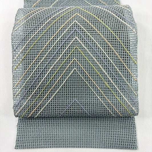【美品】名古屋帶 秀品級 夏帶 羅 八寸名古屋帶 松樹葉仕立 幾何學圖案 青灰 純蠶絲