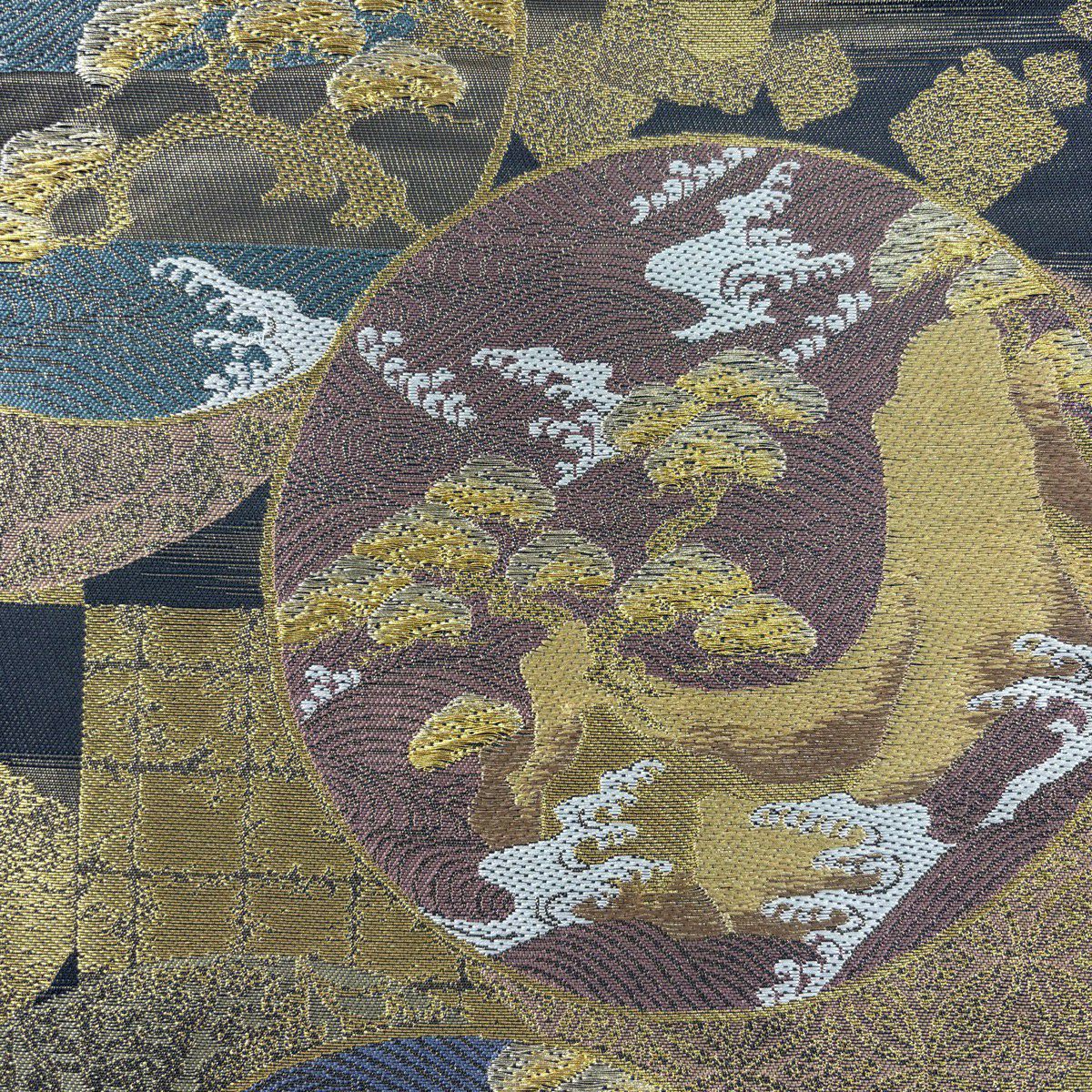 【美品】 袋帶 秀品級 波 笠松樹 金糸 金金箔 黑灰 六通 純蠶絲
