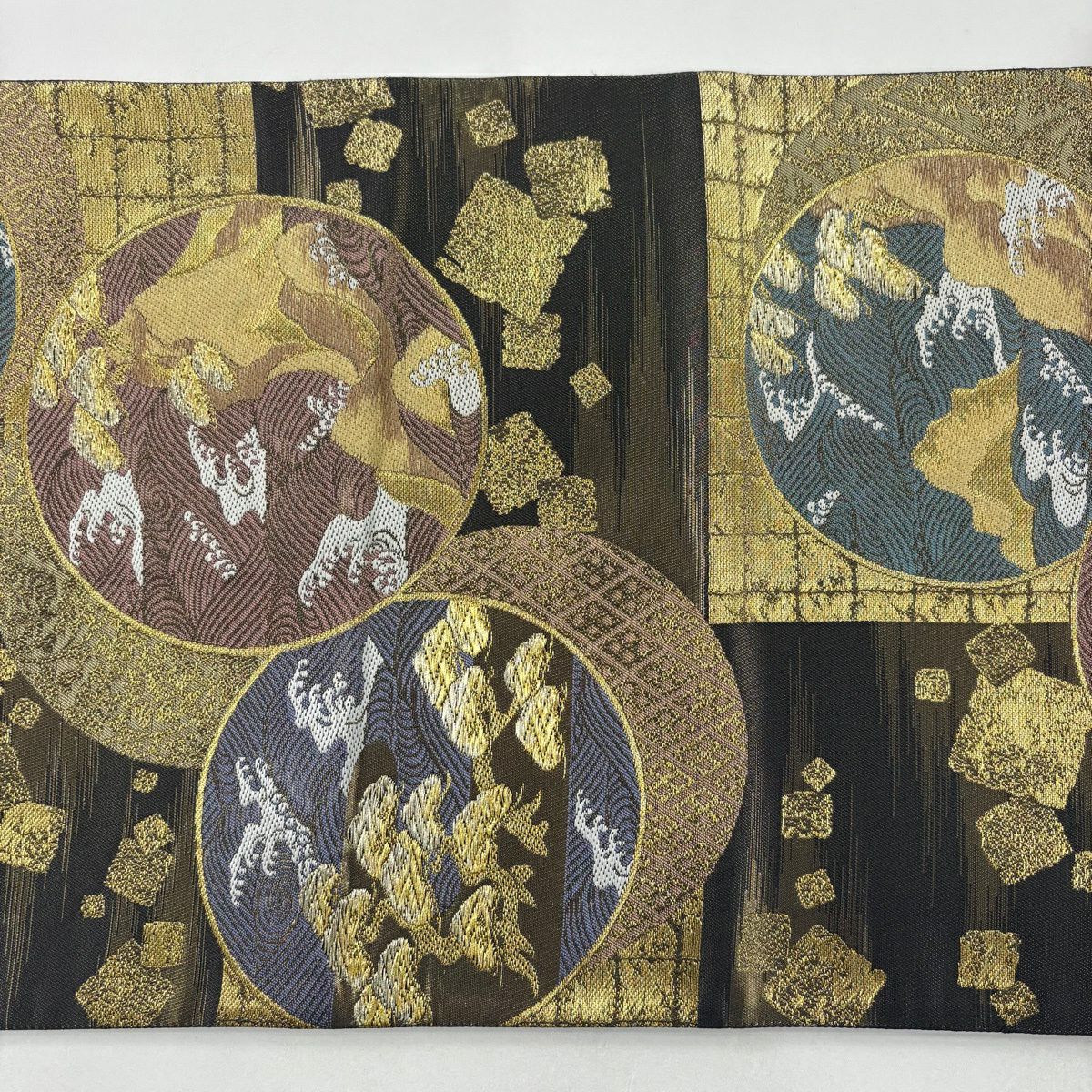 【美品】 袋帶 秀品級 波 笠松樹 金糸 金金箔 黑灰 六通 純蠶絲