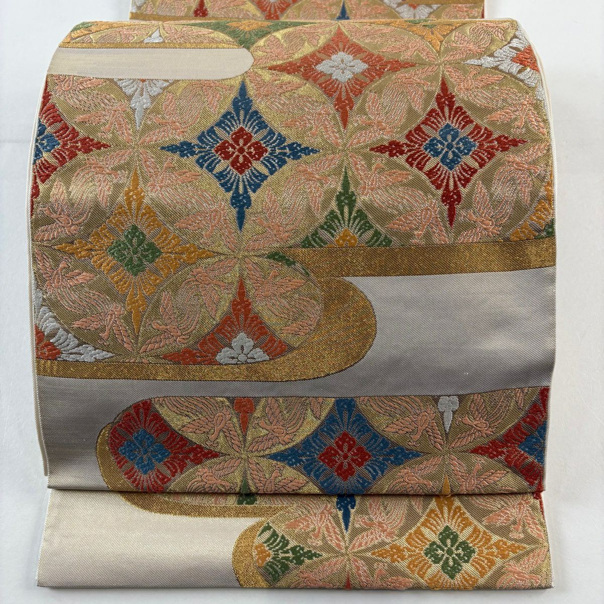 袋帶 秀品級 川島織物 附落款 鳥襷紋 雲霞 金絲 金金箔 金色 六通 純蠶絲