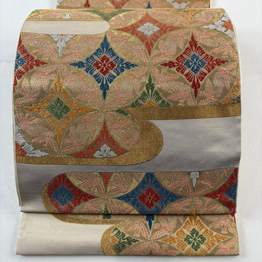 袋帶 秀品級 川島織物 附落款 鳥襷紋 雲霞 金絲 金金箔 金色 六通 純蠶絲