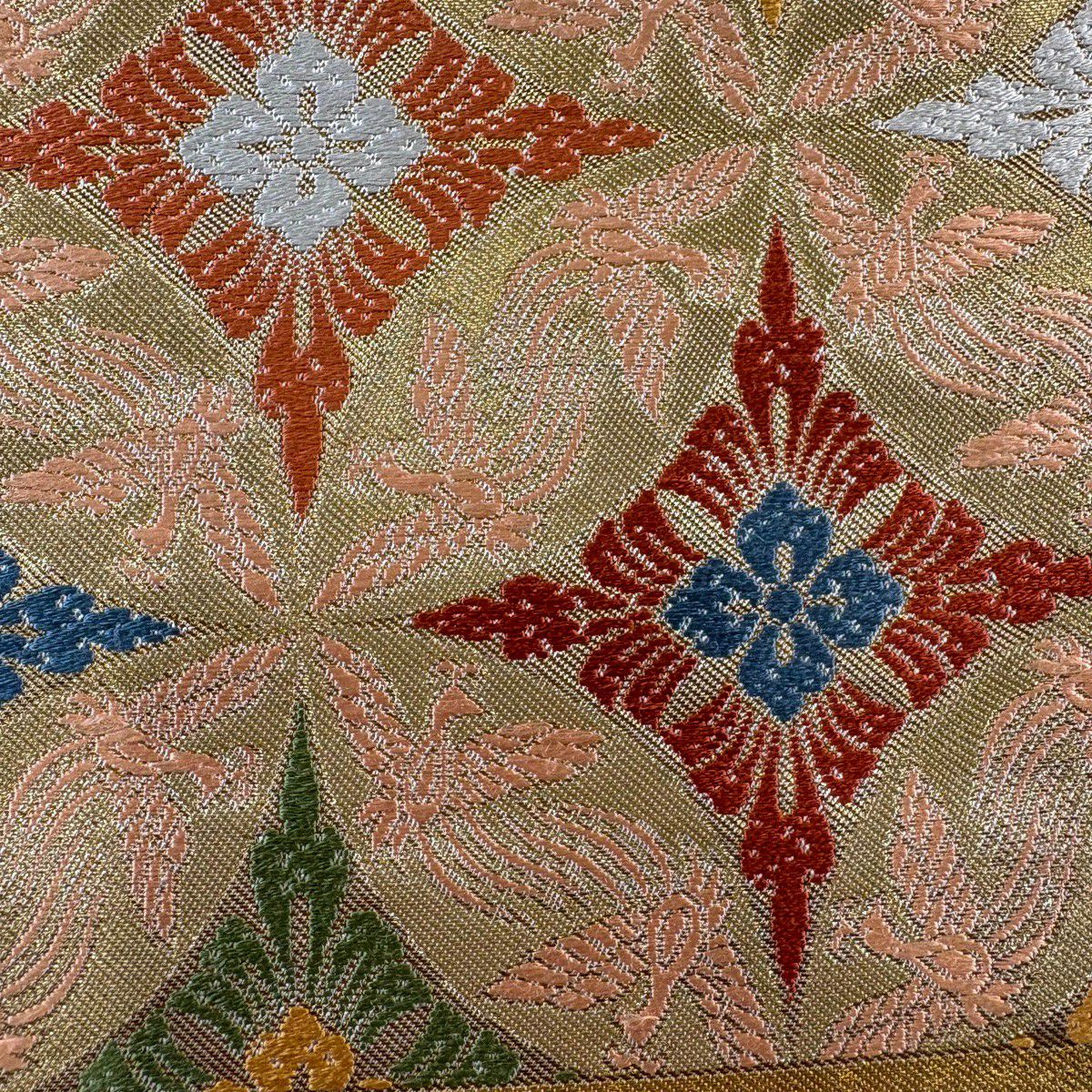 袋帶 秀品級 川島織物 附落款 鳥襷紋 雲霞 金絲 金金箔 金色 六通 純蠶絲