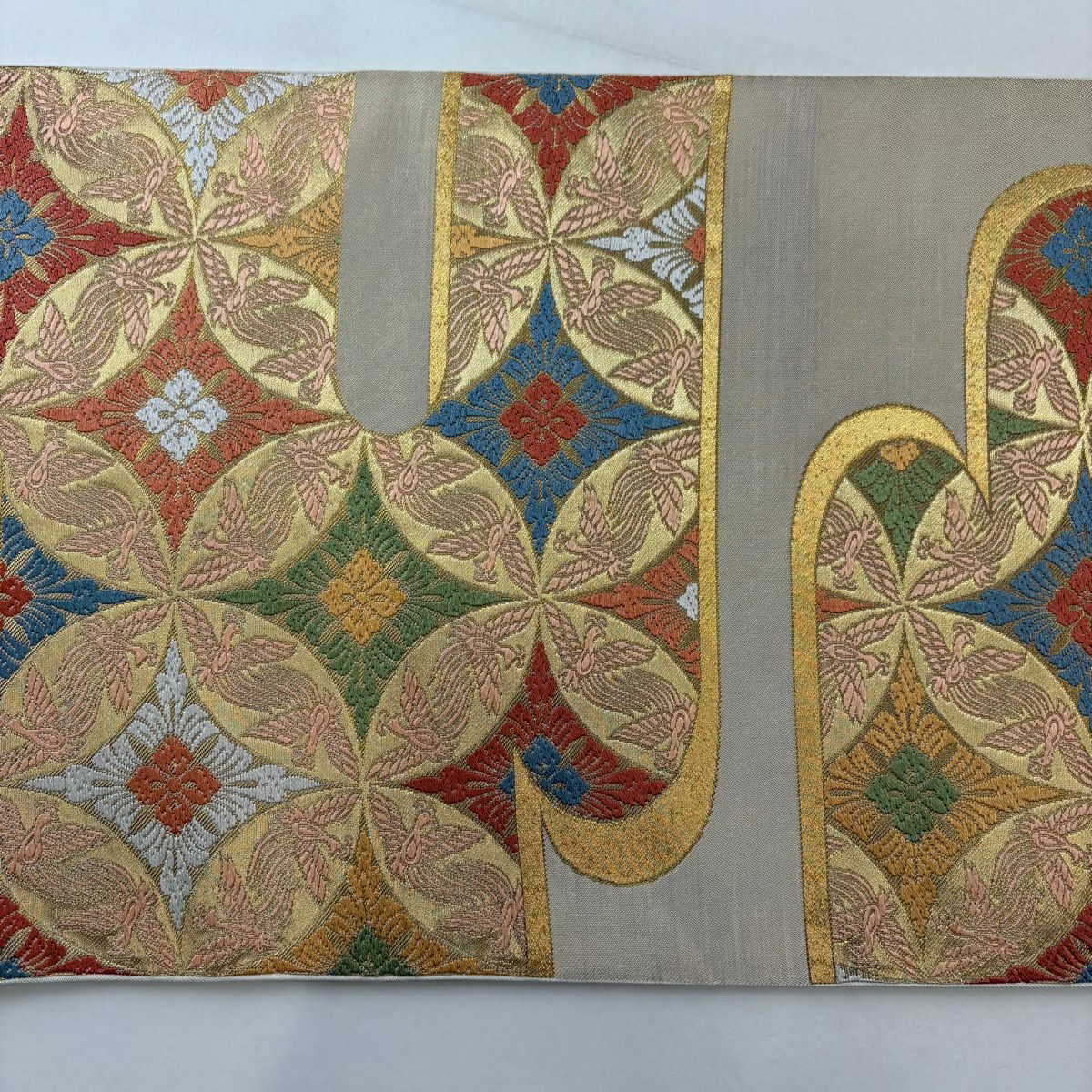 袋帶 秀品級 川島織物 附落款 鳥襷紋 雲霞 金絲 金金箔 金色 六通 純蠶絲