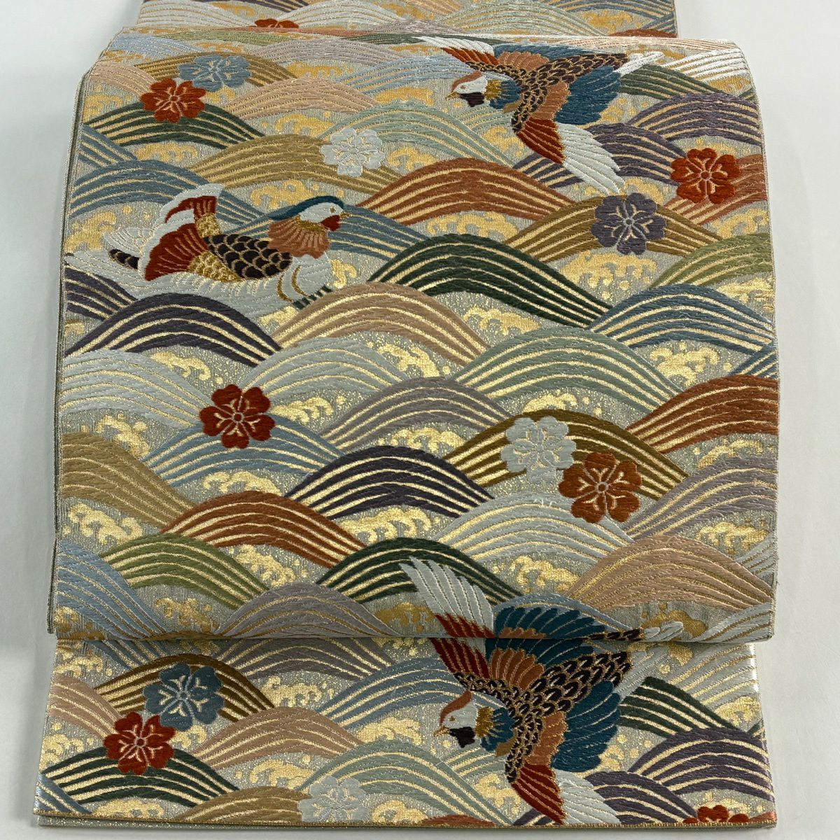 袋帶 秀品級 關西仕立 雀 鳥 波 刺繡 金線 灰 深藍 六通 純蠶絲