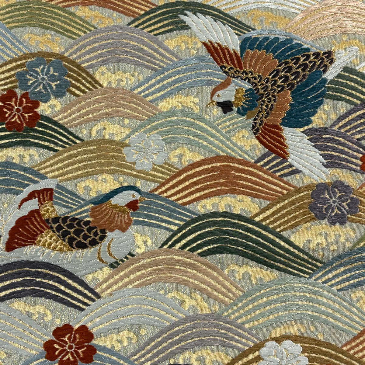 袋帶 秀品級 關西仕立 雀 鳥 波 刺繡 金線 灰 深藍 六通 純蠶絲