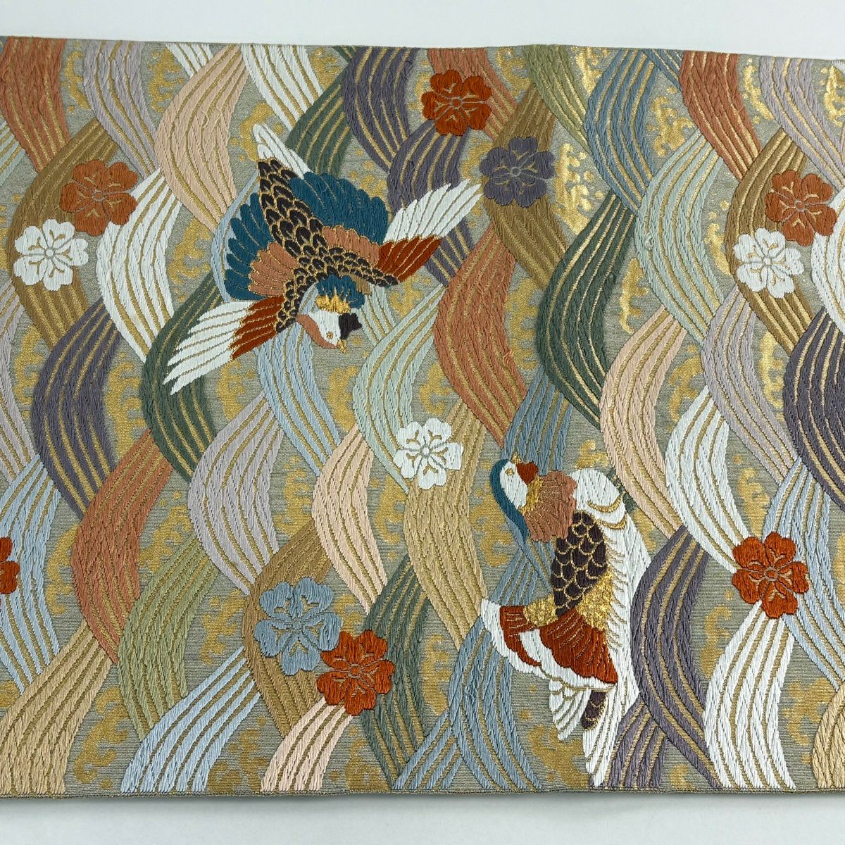 袋帶 秀品級 關西仕立 雀 鳥 波 刺繡 金線 灰 深藍 六通 純蠶絲