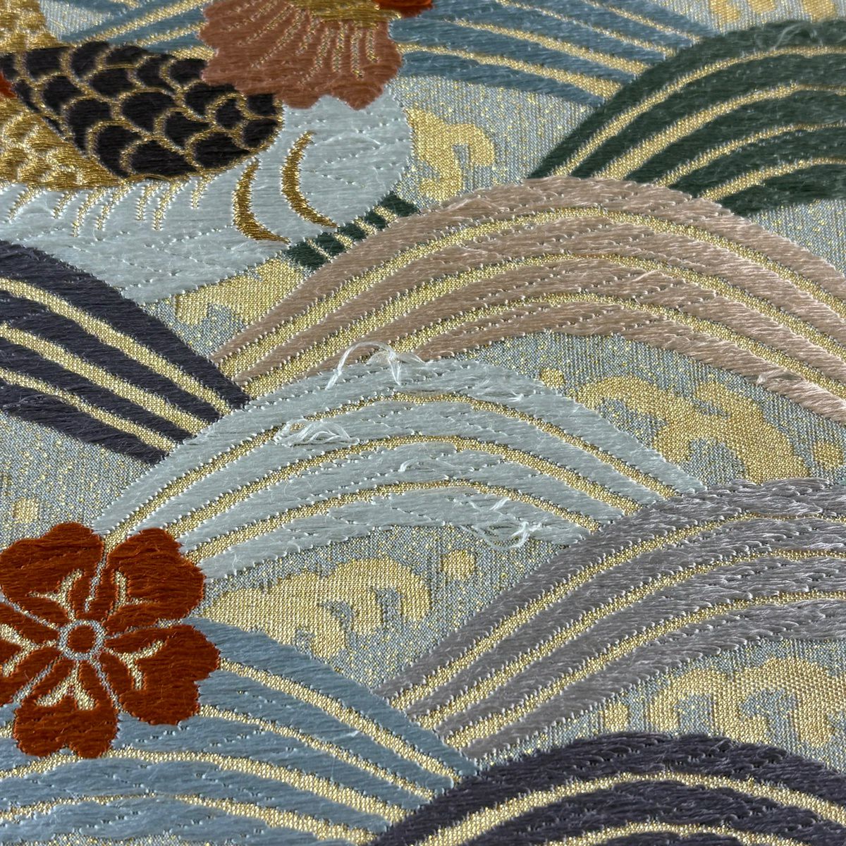 袋帶 秀品級 關西仕立 雀 鳥 波 刺繡 金線 灰 深藍 六通 純蠶絲