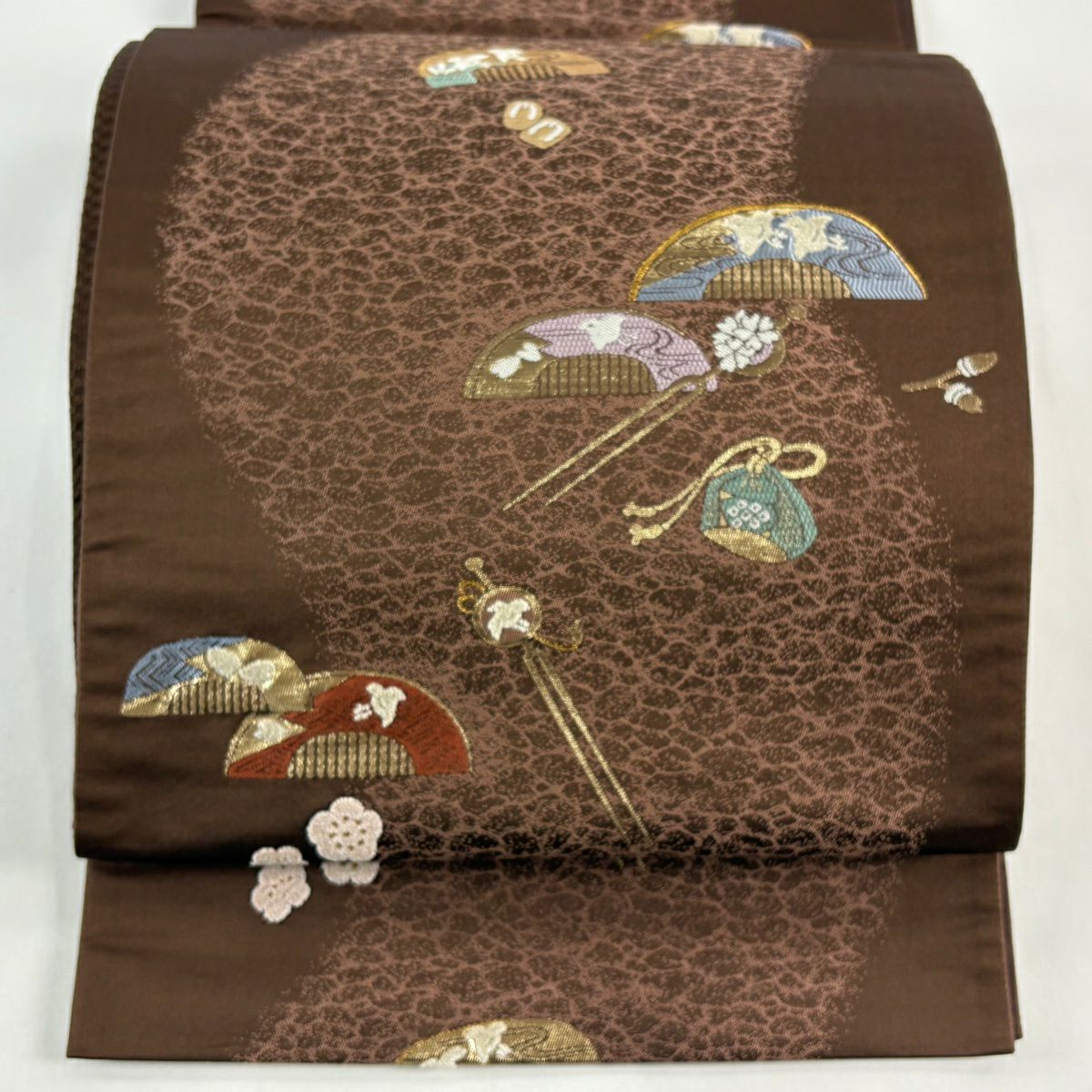 【美品】 袋帶 秀品級 櫛 簪 金金箔 金絲 茶 六通 純蠶絲