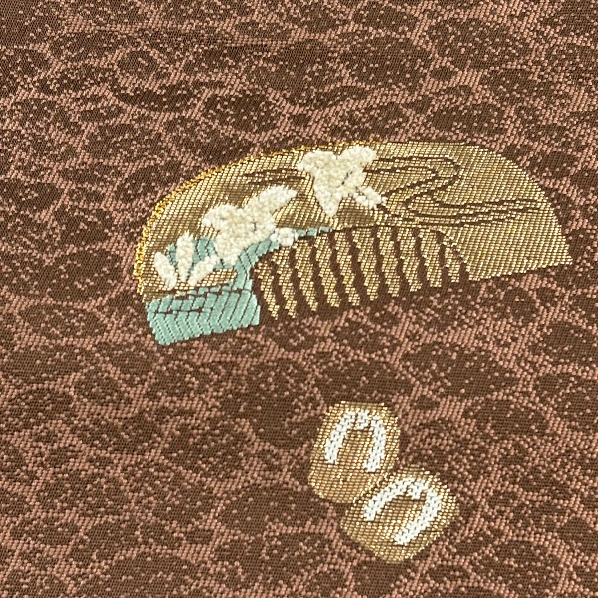 【美品】 袋帶 秀品級 櫛 簪 金金箔 金絲 茶 六通 純蠶絲