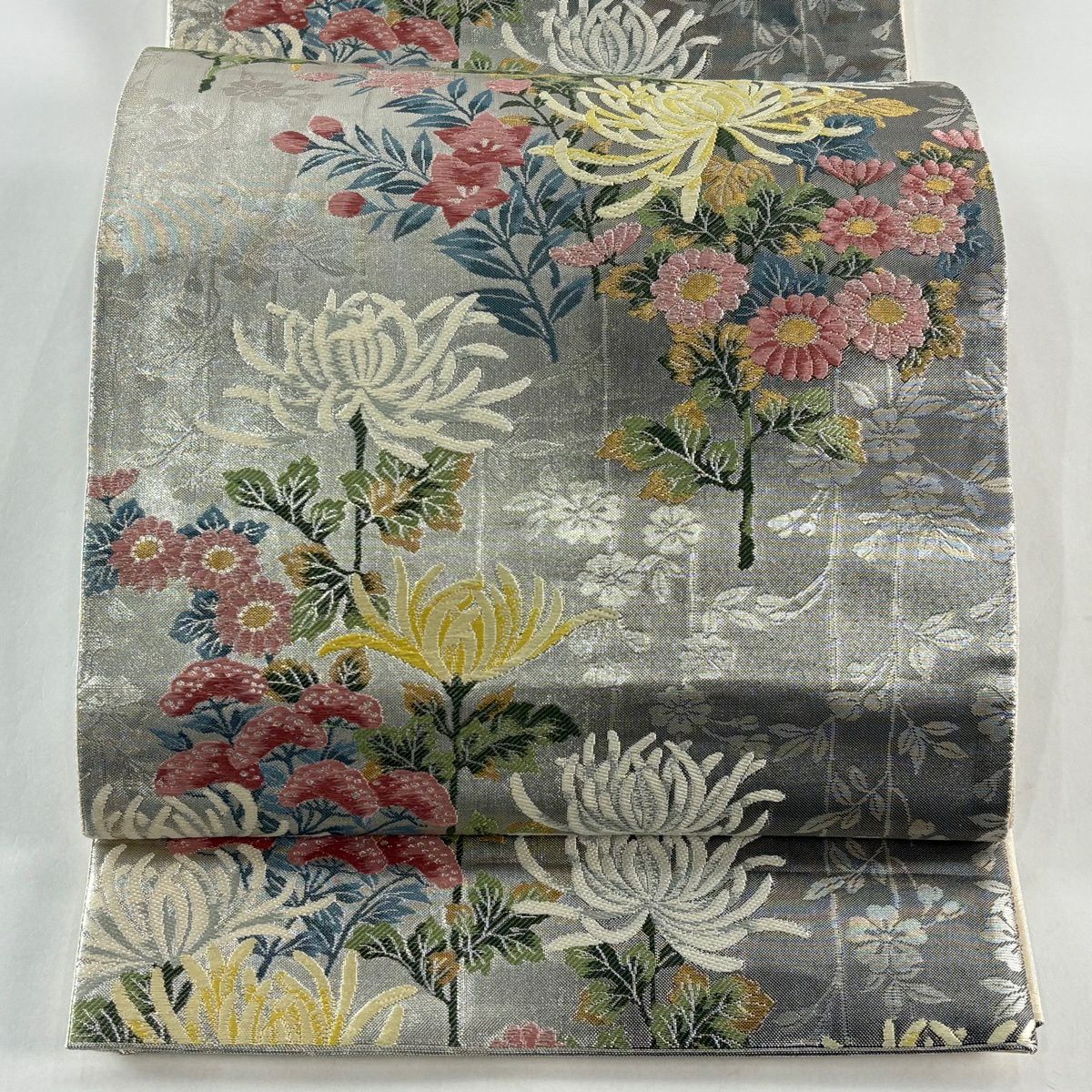 【美品】 袋帶 秀品級 菊花 秋草 金金箔 金銀彩 銀 六通 純蠶絲